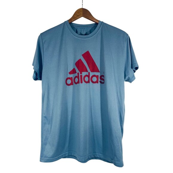 Adidas Mens Light Blue T-Shirt With Red Logo Design Short Sleeves Lightweight & - Picture 1 of 10